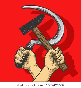 Hand with hammer and sickle on red background sketch engraving vector illustration. Soviet Union proletarian solidarity symbol. Tee shirt apparel print design.