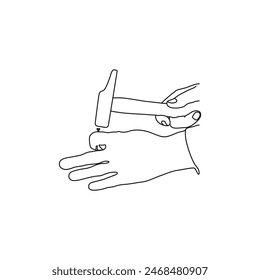 Hand with hammer vector. Hammer in hand icon with sparkles. Hammer symbol of strength and power vector. The hand holds the tool tightly. Dismantling symbol. Hand with hammer construction icon.