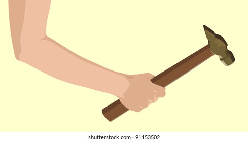 Hand with a hammer in working mode on yellow