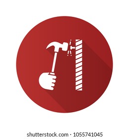 Hand hammering nail flat linear long shadow icon. Builder's hand. Vector outline symbol