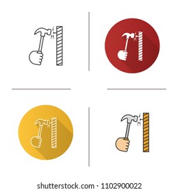 Hand hammering nail icon. Builder's hand. Flat design, linear and color styles. Isolated vector illustrations