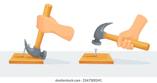 Hand hammering nails. Builder or carpenter holding hammer in hands hit on hammered steel nail, pull removing nails wooden board, physics force experiment neat vector illustration original artwork