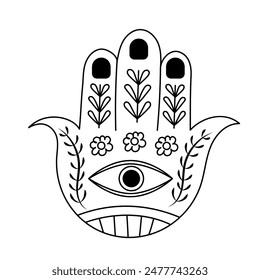 Hand der Hamsa mit handgezeichneten Ästen und Blumen. Dekoratives Muster im orientalischen Stil für Innendekoration und Henna-Designs. Vektorillustration