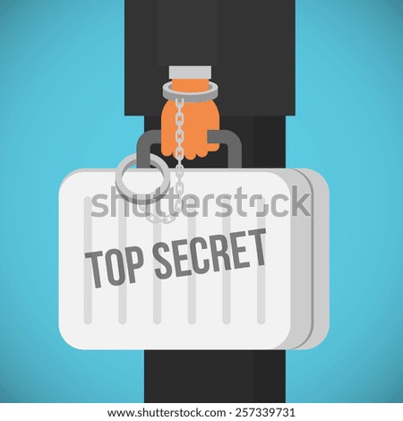 hand with handcuff and a suitcase with top secret sign, cartoon flat style vector illustration
