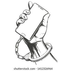 hand handcuffed to smartphone, social media addiction, digital technology icon hand drawn vector illustration sketch