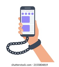 Mano en esposas sosteniendo el smartphone con la aplicación de red social vector ilustración plana. Mano encadenada y encadenada, adicta a las redes sociales, concepto de dependencia de Internet. Eps 10