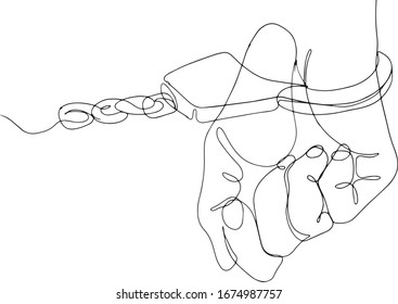 Hand in handcuffs one line vector drawing.