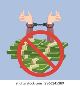 Hand in handcuffs over heaps of money cash bribe corruption,
Stop corruption and financial crime concept, illustration vector cartoon EPS 10.
