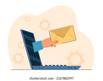 Entrega de mano del sobre desde el portátil. Mensaje electrónico. Servicio de correo, concepto de tecnología para sitio web o página de inicio