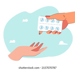 Hand handing pills to other person. Male or female palm giving medicaments to someone. Medicine concept for banner, website design or landing web page