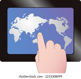 A hand handling world map on a tablet