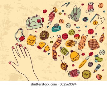 Hand with handmade inspiration and objects. Handmade objects on grunge background. Color vector illustration. EPS 8.