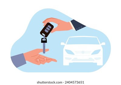 Hand hands over car keys to new owner. Buying or renting automobile. Customers and agent hand. Auto service. Dealer selling vehicle. City transport cartoon flat isolated vector concept