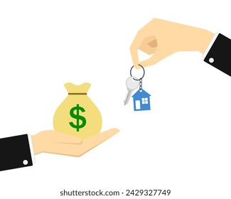 Una mano entrega una llave con un llavero en forma de casa, y la otra mano da una bolsa de dinero