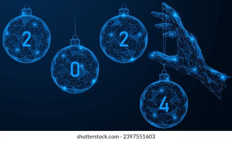 Hand is hanging Christmas balls with the numbers 2024. A low-poly design of interconnected lines and dots. Blue background.