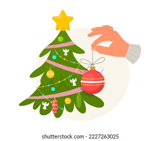 Hand hanging Christmas tree decoration. Vector illustration isolated on white background.