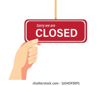 hand with hanging closed sign, simbol, icon. cartoon flat illustration vector isolated in white background