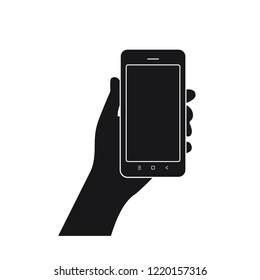 Hand hanging smartphone symbol icon on the white background black silhoette