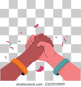 Hand happy Friendship Day illustration. Friends with stack of hands showing unity and teamwork, top view. People putting their hands together. Flat design, vector concept