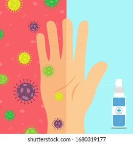 The hand has a covid virus or bacteria.Spray Alcohol on to hands for cleaning.