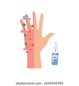 A mão tem um vírus de covid ou bactérias.Spray de álcool nas mãos para a limpeza.