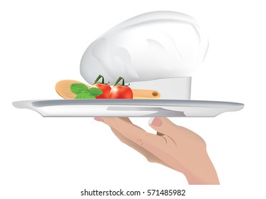 hand with hat tray cook tomatoes