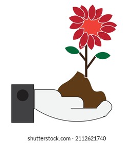 A hand have soil and plant with red flower = A concept of growth and ecology - Gardening Illustration - Icon , vector 