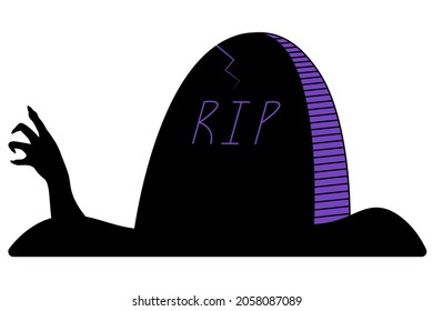 Hand and headstone. Silhouette. The dead man's hand crawls out from under the tombstone. Inscription - Rest in Peace. Gnarled fingers with sharp nails. Vector illustration. Isolated white background. 