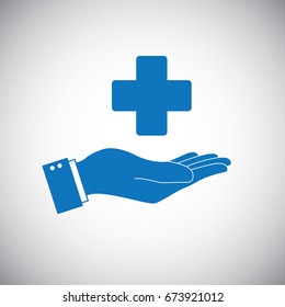 Hand and health care cross symbol logo. Representing healthcare and health insurance offer.