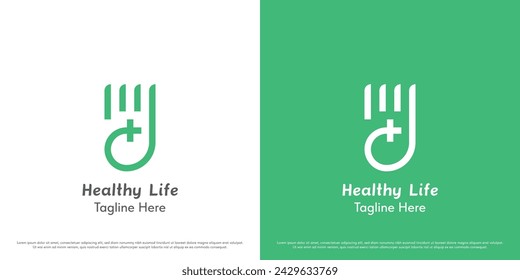 Ilustración de diseño de logotipo de mano de salud. Silueta de manos saludables en forma de personas verdes cuidado humano ayuda a la salud vida médica. Línea geométrica de bienestar fresco saludable abstracto símbolo de icono simple mínimo.