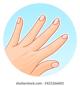 Hand with healthy nails on the light blue background. 