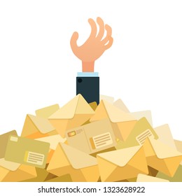 Hand from heap of letter. Email spam concept. Business vector illustration, cartoon flat style. Isolated white background.