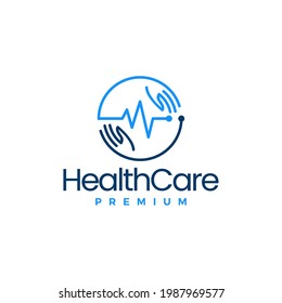 hand heart beat tech health care logo vector icon illustration