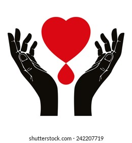 Hand with heart and blood drop vector symbol.