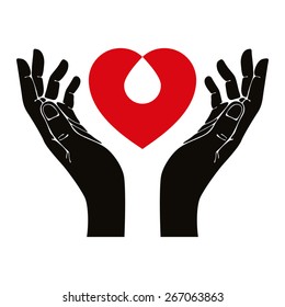 Hand with heart and blood drop vector symbol.