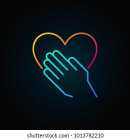 Hand with heart bright vector icon or logo element in thin line style on dark background