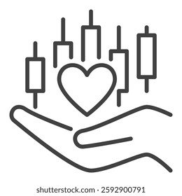 Hand with Heart and Candlestick Chart vector Financial Growth and Love for Trading concept outline icon or design element