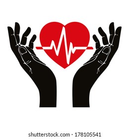 Hand with heart and cardiogram vector symbol.