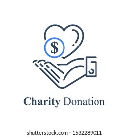 Hand and heart, charity fund concept, financial help, donation money, vector line icon