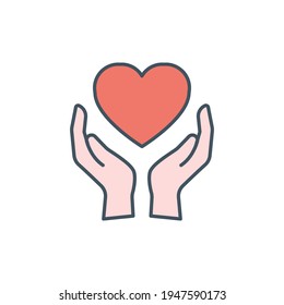 Hand heart color icon. Simple filled outline style. Holding, pictogram, care, graphic, life, health, save, love, give, charity concept. Vector illustration isolated on white background. EPS 10