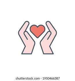 Hand heart color icon. Simple filled outline style. Holding, pictogram, care, graphic, life, health, save, love, give, charity concept. Vector illustration isolated on white background. EPS 10