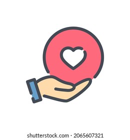 Hand with heart color line icon. Take care with love vector outline colorful sign.