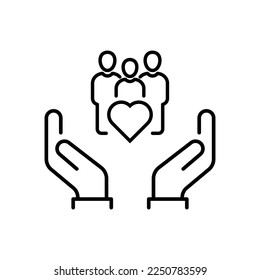 hand with heart community, icon, concept empathy or charity, solidarity love, care people, volunteer support, thin line symbol on white background - editable stroke vector illustration eps10