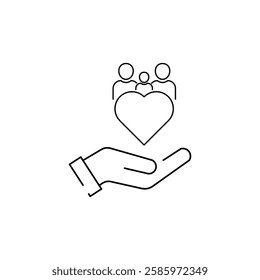 hand with heart community, icon, concept empathy or charity, solidarity love, care people, volunteer support, thin line symbol on white background - editable stroke