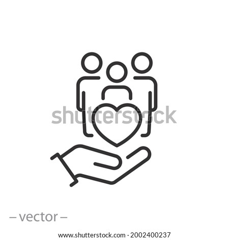 hand with heart community, icon, concept empathy or charity, solidarity love, care people, volunteer support, thin line symbol on white background - editable stroke vector illustration eps10