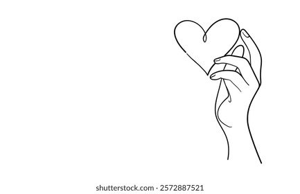 Hand with heart continuous line art drawing isolated on white background. Charity and help. Vector illustration