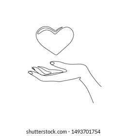Hand and heart continuous line drawing, charity symbol, care save, , love and relationship, tattoo, print for clothes and logo design, one single line on a white background, vector illustration.