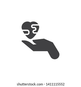 Hand with heart earth vector icon. filled flat sign for mobile concept and web design. Save earth planet glyph icon. Ecology, environment care symbol, logo illustration. Vector graphics