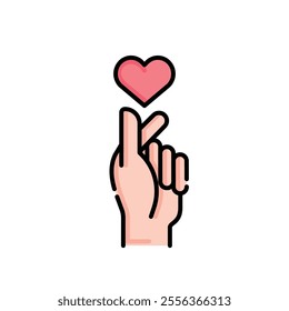 hand with a heart in it and a finger pointing up, symbol for communication, RGB color icon, linear icon. Thin line illustration, isolated on white background. Editable stroke.