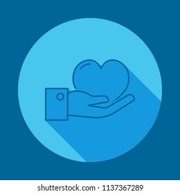 Hand heart flat long shadow icon. Element of medicine icon for mobile concept and web apps. Long shadow Hand heart icon can used for web and mobile on blue background